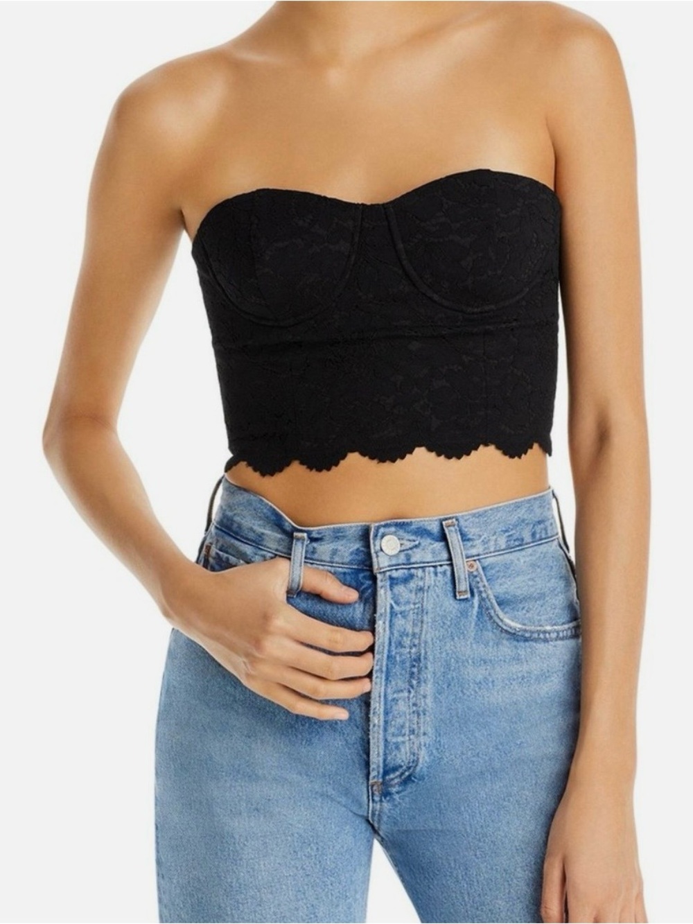 AQUA Black Lace Strapless Bustier Crop Top Sweetheart Scalloped Size